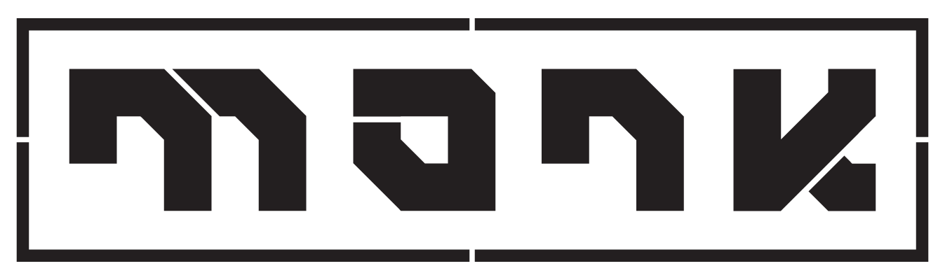 Zwarte geometrische vormen vormen een gestileerde, hoekige tekst die lijkt op het woord MONY, binnen een rechthoekige zwarte rand met openingen in het midden van elke zijde, op een witte achtergrond.